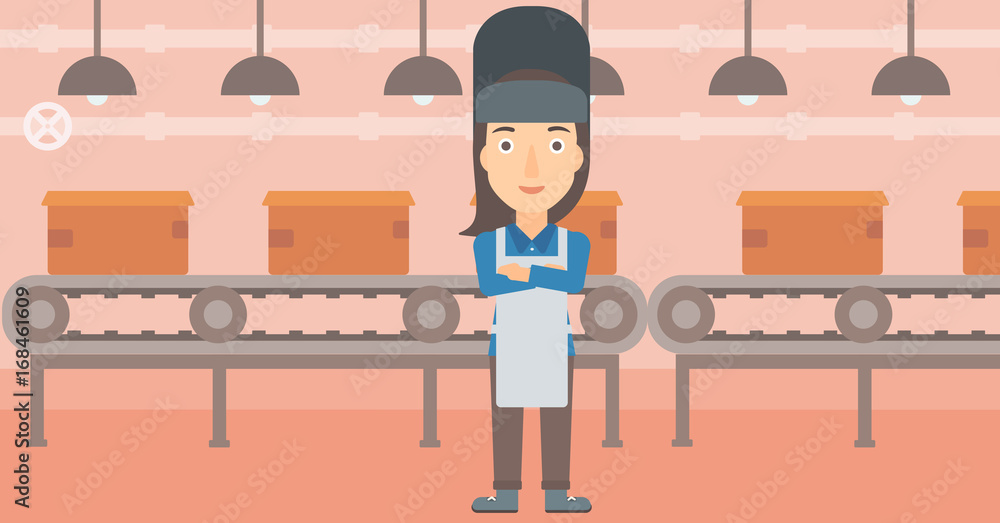 Poster a welder on the background of factory workshop with conveyor belt vector flat design illustration. h