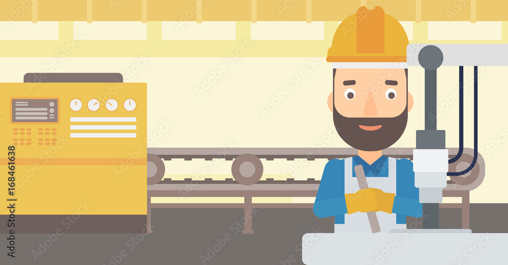 Poster a man working with an industrial equipment on the background of factory workshop with conveyor belt 