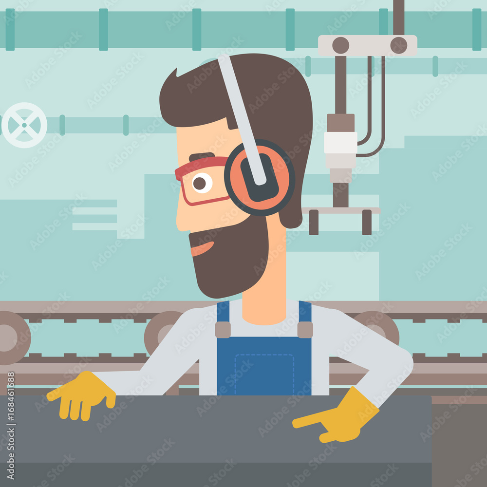 Aufkleber a hipster man with the beard working on a steel-rolling mill on the background of factory workshop w