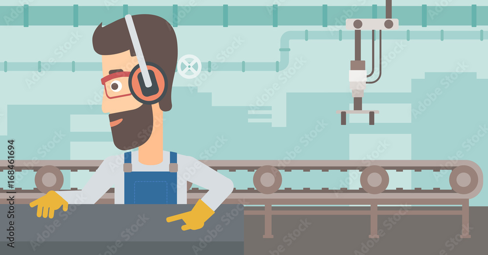 Aufkleber a hipster man with the beard working on a steel-rolling mill on the background of factory workshop w