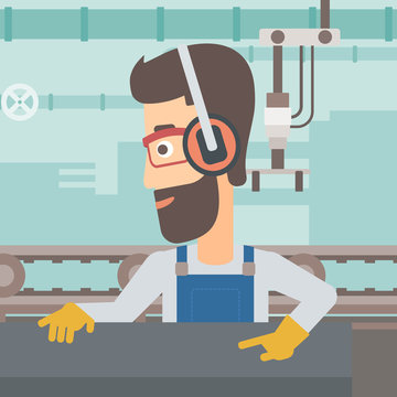 A hipster man with the beard working on a steel-rolling mill on the background of factory workshop with conveyor belt vector flat design illustration. Square layout. 