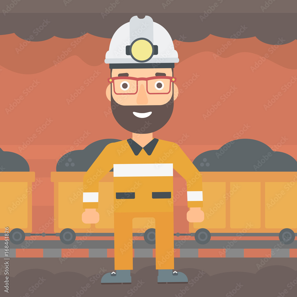 Aufkleber a hipster man with the beard in hardhat with torch on the background of mining tunnel with cart full
