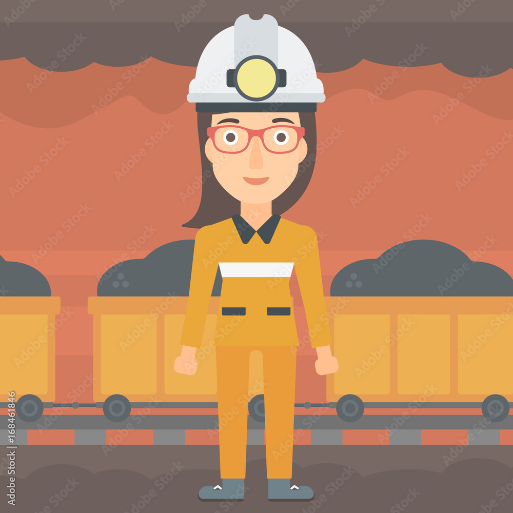 Aufkleber a woman in hardhat with torch on the background of mining tunnel with cart full of coal vector flat 