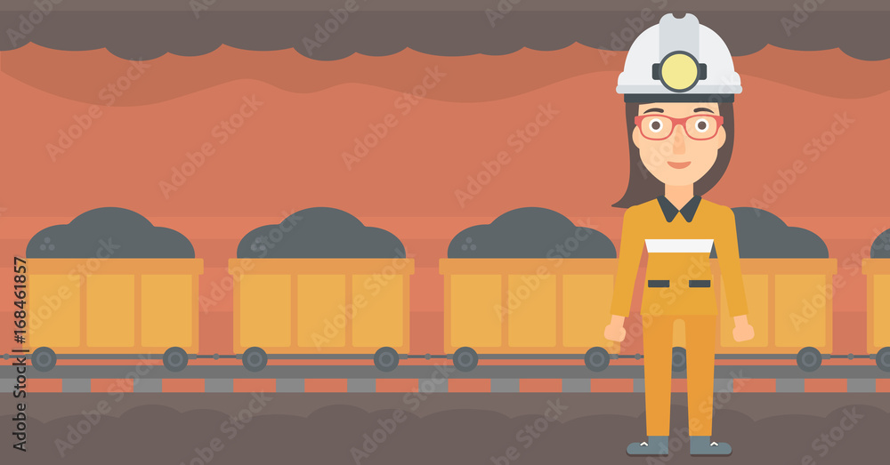 Aufkleber a woman in hardhat with torch on the background of mining tunnel with cart full of coal vector flat 