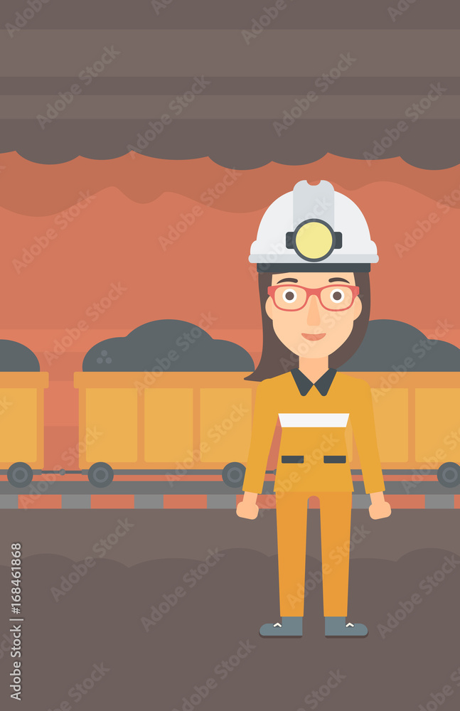 Aufkleber a woman in hardhat with torch on the background of mining tunnel with cart full of coal vector flat 