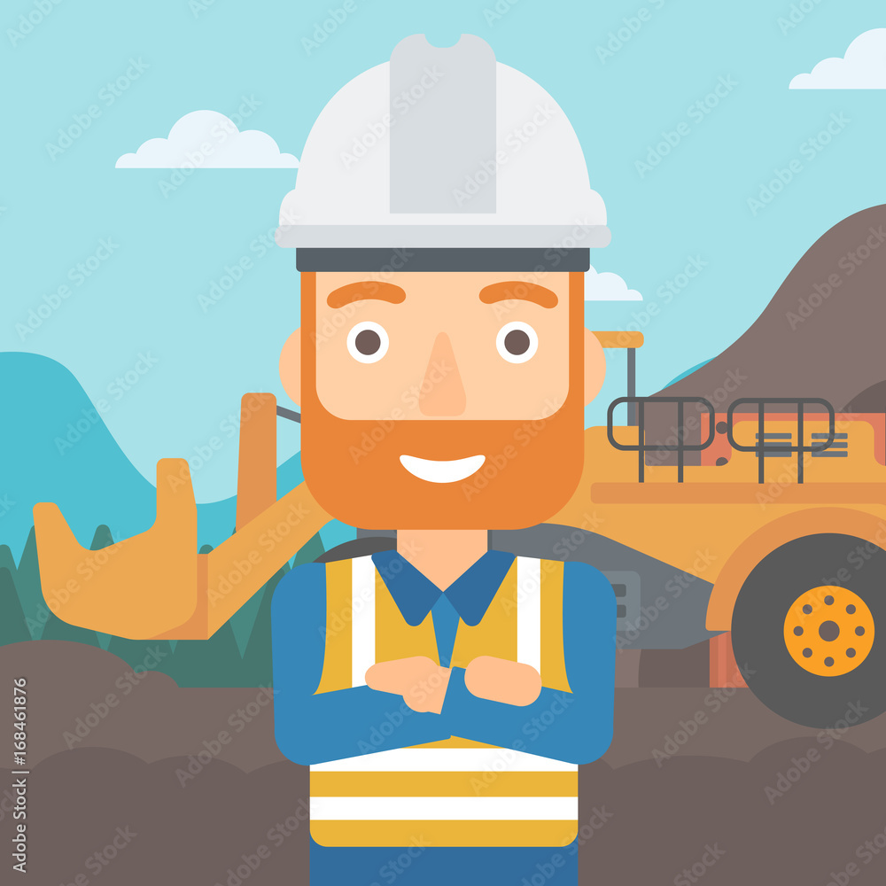 Aufkleber a miner standing in front of a big mining equipment on the background of coal mine vector flat desig
