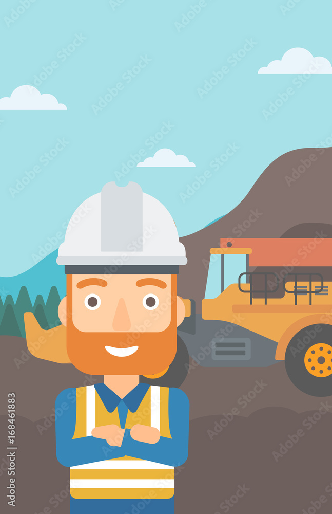 Aufkleber a miner standing in front of a big mining equipment on the background of coal mine vector flat desig