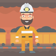A hipster man with the beard in hardhat with torch on the background of mining tunnel with cart full of coal vector flat design illustration. Square layout. 