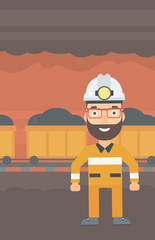 A hipster man with the beard in hardhat with torch on the background of mining tunnel with cart full of coal vector flat design illustration. Vertical layout. 