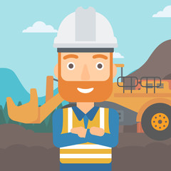 A miner standing in front of a big mining equipment on the background of coal mine vector flat design illustration. Square layout.