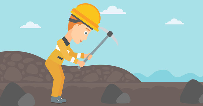 A woman working with a pickaxe on the background of coal mine vector flat design illustration. Horizontal layout.