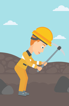 A woman working with a pickaxe on the background of coal mine vector flat design illustration. Vertical layout.