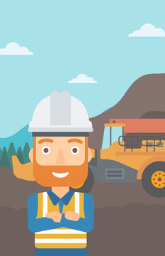 A miner standing in front of a big mining equipment on the background of coal mine vector flat design illustration. Vertical layout.