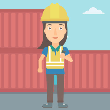 A woman talking to a portable radio on cargo containers background vector flat design illustration. Square layout.