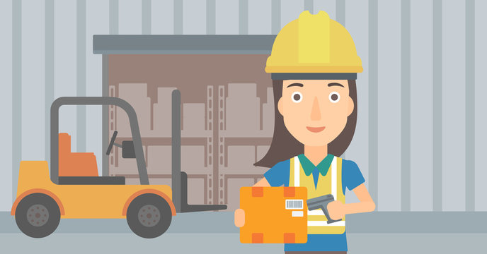 A woman checking barcode of a box with a scanner on the background of cardboard boxes in warehouse vector flat design illustration. Horizontal layout.