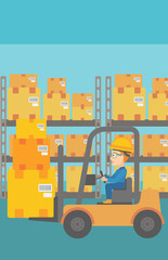 A woman moving load by forklift truck on the background of warehouse vector flat design illustration. Vertical layout.