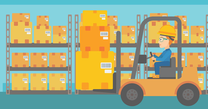 A woman moving load by forklift truck on the background of warehouse vector flat design illustration. Horizontal layout.
