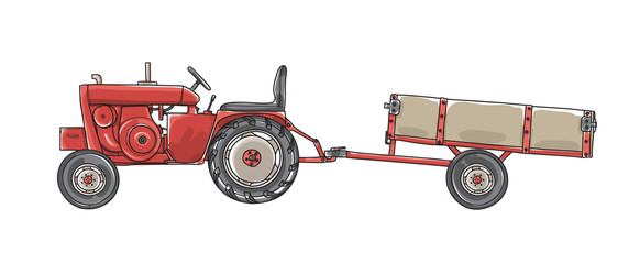 Antique Tractors  with Tipping Trailer Vintage  hand drawn vector art illustration