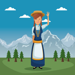 mountain landscape valley poster of switzerland with woman in traditional costume vector illustration