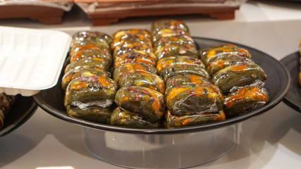 Seoul, Korean street food green sticky flour stuffed with colorful granis