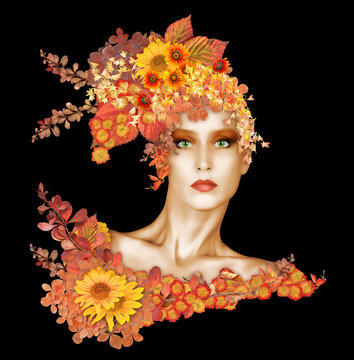 Fototapeta Beautiful Fashion Model Dressed in Autumn Leaves and Flowers