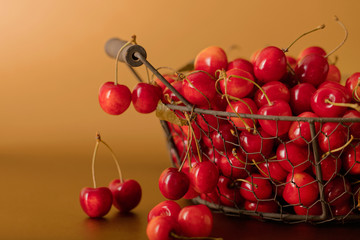 Cherries in a basket on a gold background.