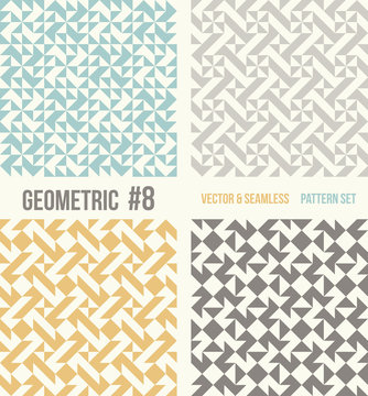 Set of four abstract geometric backgrounds. Seamless vector patterns. Yellow and grey, teal colors.