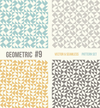 Set of four abstract geometric backgrounds. Seamless vector patterns. Yellow and grey, teal colors.