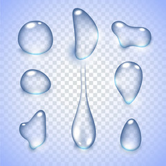 Realistic vector water drops transparent background.