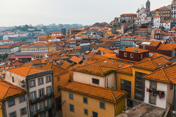 Bird's-eye view roofs old downtown of Porto, Portugal.