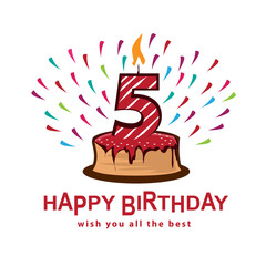 playful birthday illustration, cake with number five, illustration design, isolated on white background