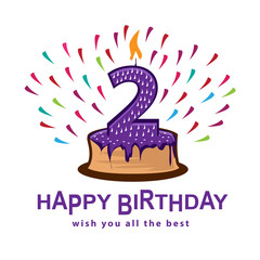 playful  birthday illustration, cake with number two, illustration design, isolated on white background