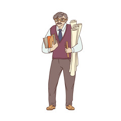 Older male pedagogue, professor or designer of books and drawings in his hands. A worker of the sphere of science and education. People of professions. Vector colored sketch of realistic illustration.