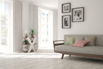 Idea of white minimalist room with sofa. Scandinavian interior design. 3D illustration