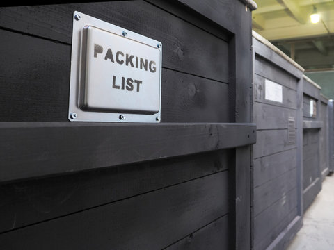 Packed in dark wooden cargo box. The packaging of the goods. Packing list. Special treatment of wooden packing for the tropics.

