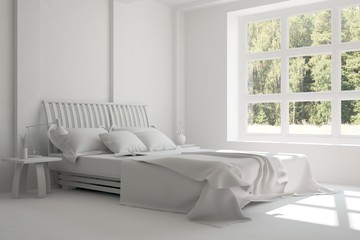 Inspiration of white minimalist  bedroom with summer landscape in window. Scandinavian interior design. 3D illustration