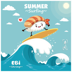 Vintage sushi poster design with vector sushi surfer. Chinese word means sushi.