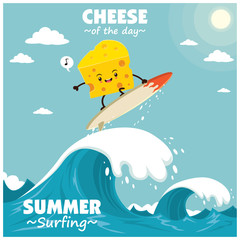 Vintage food poster design with vector cheese surfer. 