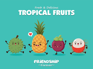 Vintage food poster design with vector durian, mangosteen, pineapple, rambutan character.
