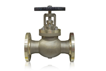 Cast brass globe valve used in oil and gas industry isolated on white background.