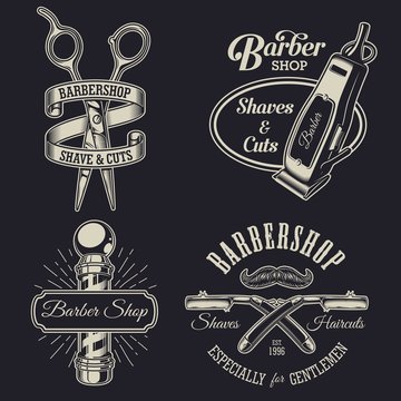 Set of vintage barbershop emblems, labels, badges, logos. Layered. Text is on separate layer. Isolated on black background