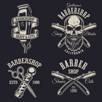 Set of vintage barbershop emblems, labels, badges, logos. Layered. Text is on separate layer. Isolated on black background