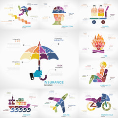 Insurance infographic collection pack with Accident, Protection, Travel, Fire, Car safety, Freight, Airline and Motorcycle puzzle illustrations