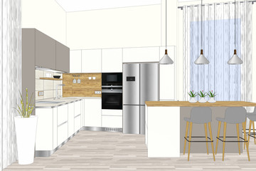 3D illustration. Modern kitchen design in light interior. Kitchen sketch. There is also a kitchen island in the room. Kitchen and living room combined. Interior design. Bar chairs. Fridge.