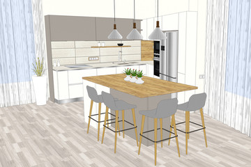 3D illustration. Modern kitchen design in light interior. Kitchen sketch. There is also a kitchen island in the room. Kitchen and living room combined. Interior design.