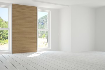Fototapeta premium White empty room with summer landscape in window. Scandinavian interior design. 3D illustration