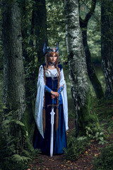Obraz premium Valkyrie warrioress in magpie costume. Styling for the Scandinavian women's costume of the Viking Age.