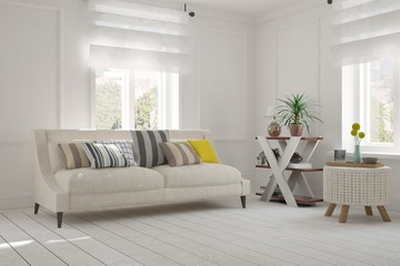 White modern room with sofa. Scandinavian interior design. 3D illustration