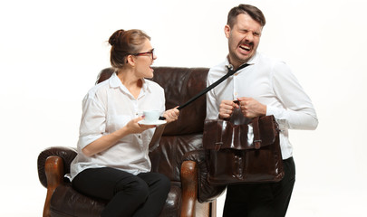 Obraz premium The young man and beautiful woman in business suit at office on white background