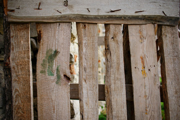 Close up background of vertical fence of light wooden planks that nailed with fasteners and have cracks between each other